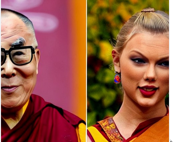 Taylor Swift in traditional Tibetan garb standing next to the Dalai Lama