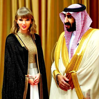 Taylor Swift in traditional Arab garb standing next to a Saudi king.